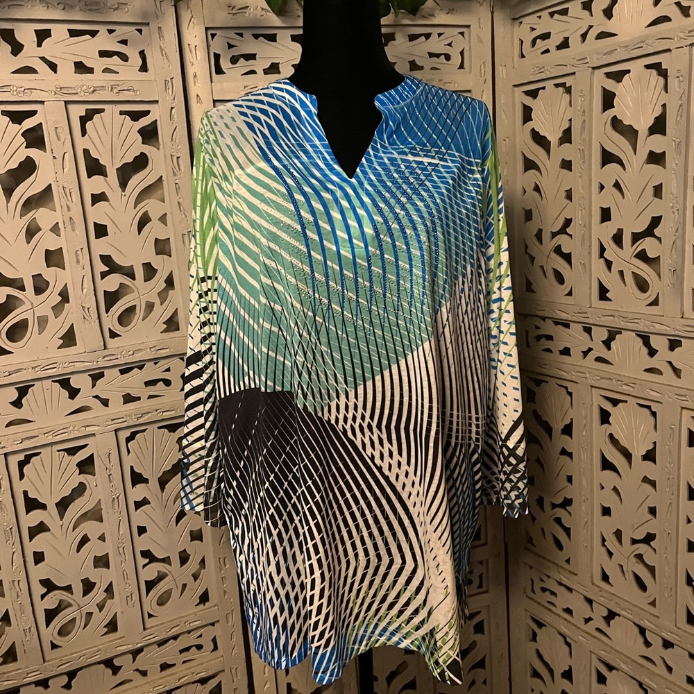 FRENCH BLUE FANTASTIC BLACK GREEN & BLUE STRIPE DESIGN LONG SLEEVE PLUS TOP
